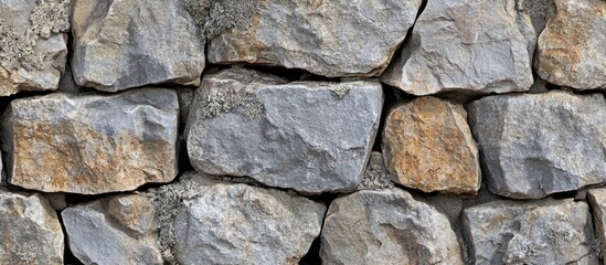 Fototapeta premium Natural stone wall texture showcasing rugged, uneven rock formations in various earthy tones suitable for architectural and design projects.