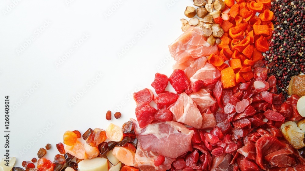 Poster cross section of assorted red meats and colorful fats arranged on a white background with ample empt