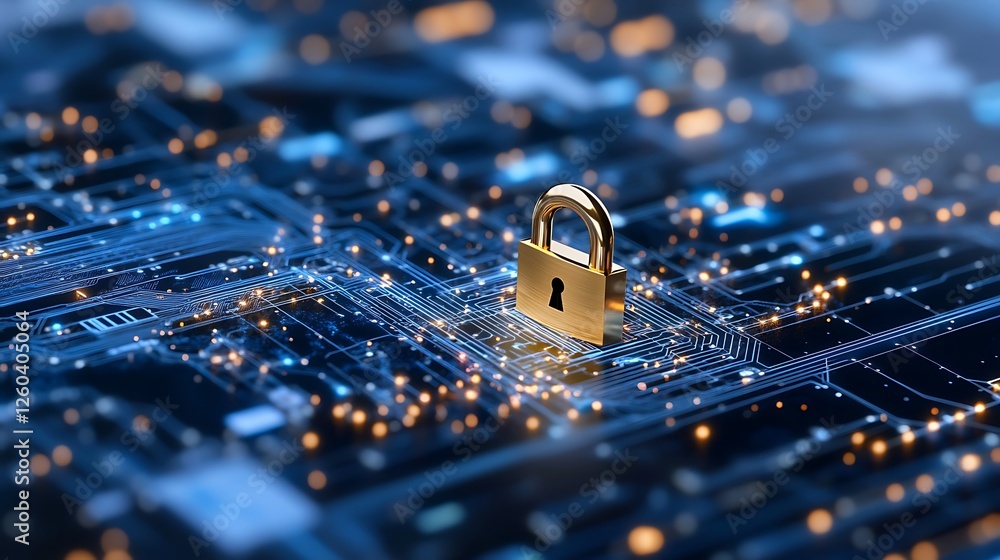 Poster a secure digital environment represented by a golden lock on a circuit board