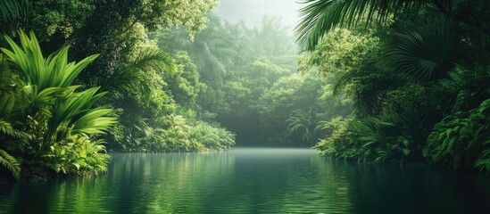 Fototapeta premium Serene Jungle River Landscape with Lush Foliage and Calm Waters Ideal for Text Overlay and Nature-Themed Projects