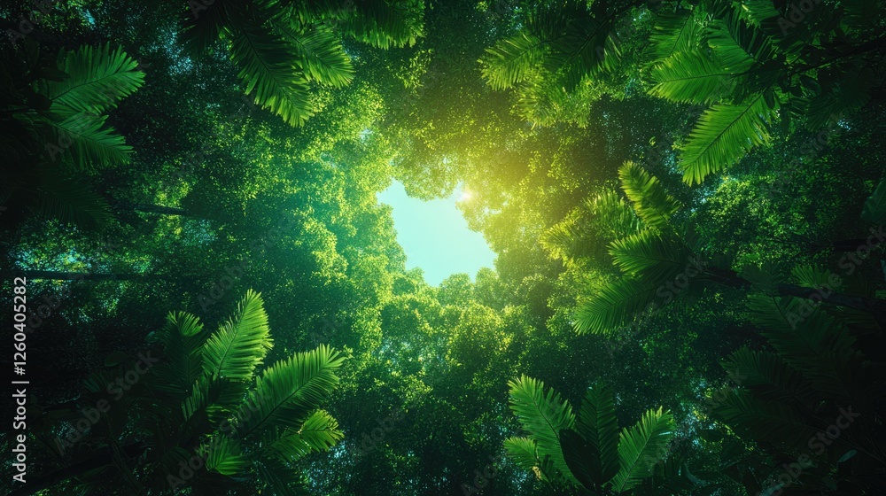 Poster rainforest canopy view from the ground with lush greenery and sunlit sky creating ample copyspace fo