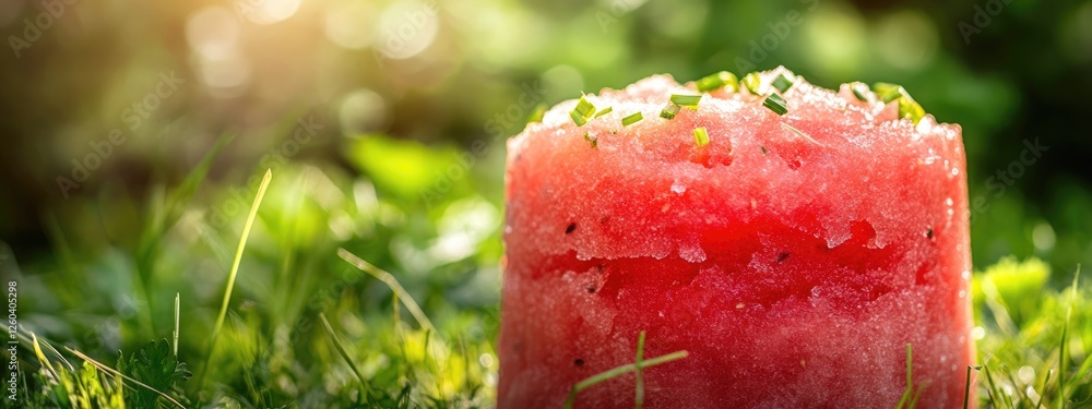 Poster refreshing watermelon granita with cilantro on grass, featuring a soft focus and ample empty space f