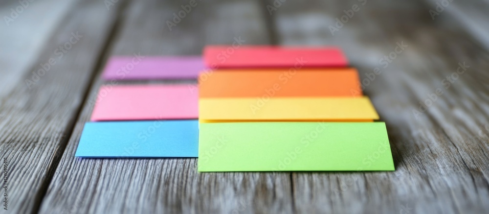 Poster colorful sticky notes on wooden table for effective goal setting and organization with space for per