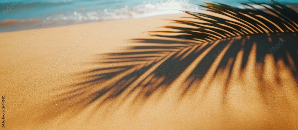 Poster shadow of palm tree branch on sandy beach with calm waves in the background creating a serene summer