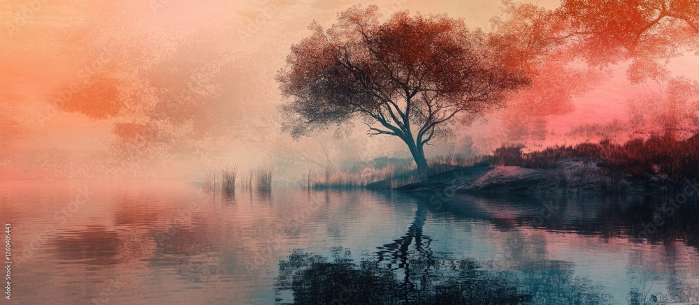 Poster tranquil reflection of a tree in water with abstract texture showcasing serene natural landscapes an