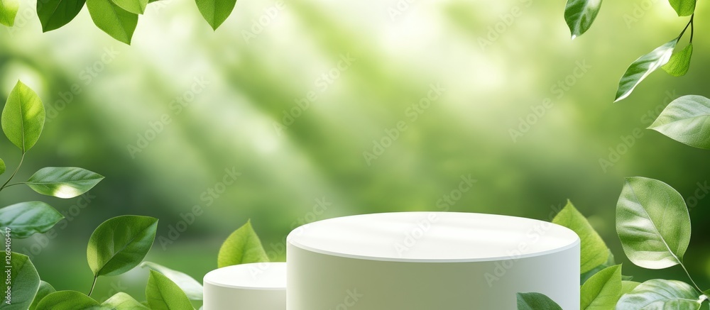 Poster three dimensional white podium on green background with light and leaf shadows ideal for product dis