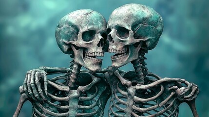 Skeletal Embrace: A Dark Romantic Digital Painting of Two Skeletons Sharing a Passionate Kiss, Symbolizing Love and Mortality