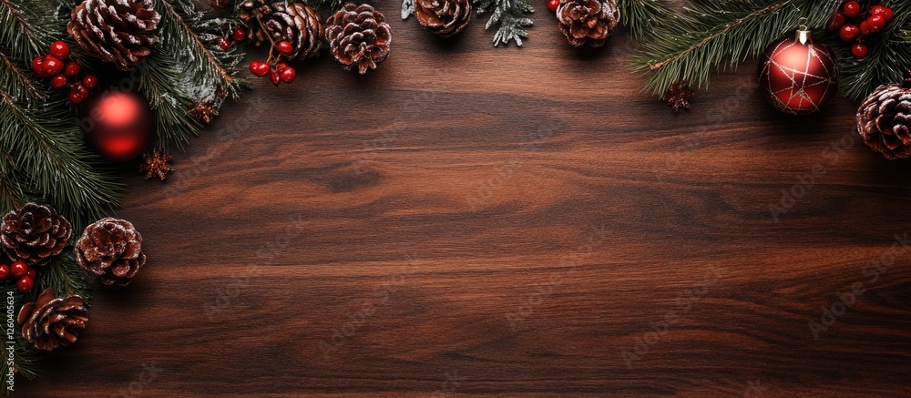 Poster top view of a rustic wooden table adorned with christmas decorations and empty space for seasonal te