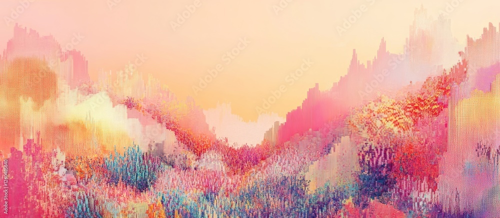 Poster vibrant digital landscape with colorful abstract shapes and empty text space ideal for artistic proj