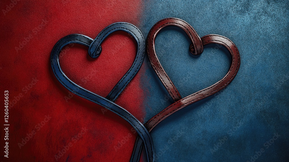 Poster intertwined hearts on a split red and blue background with ample space for adding text or messages f