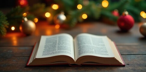 Open book on a wooden surface with Christmas lights and ornaments around it, festive, desk