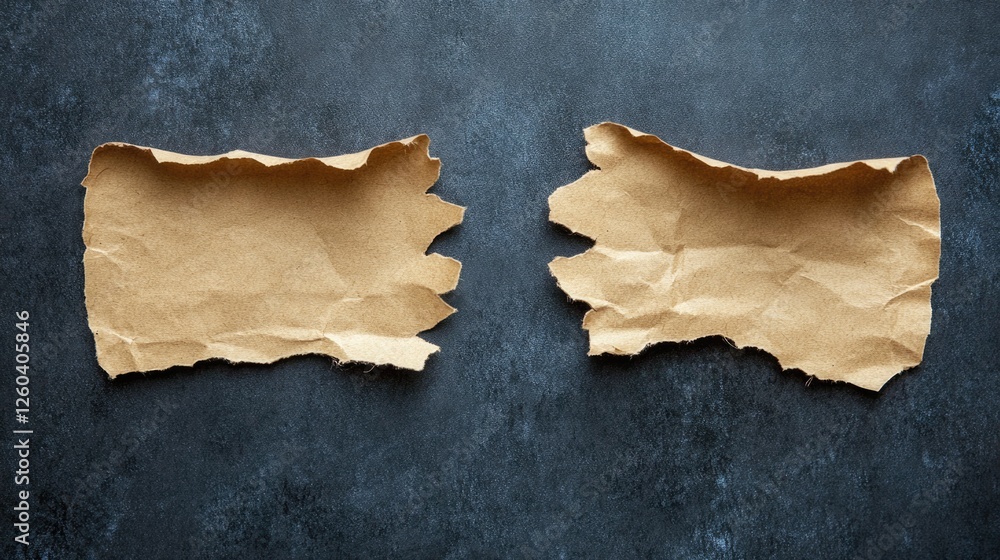 Poster torn brown paper pieces on dark background with empty space for text and translation ideas