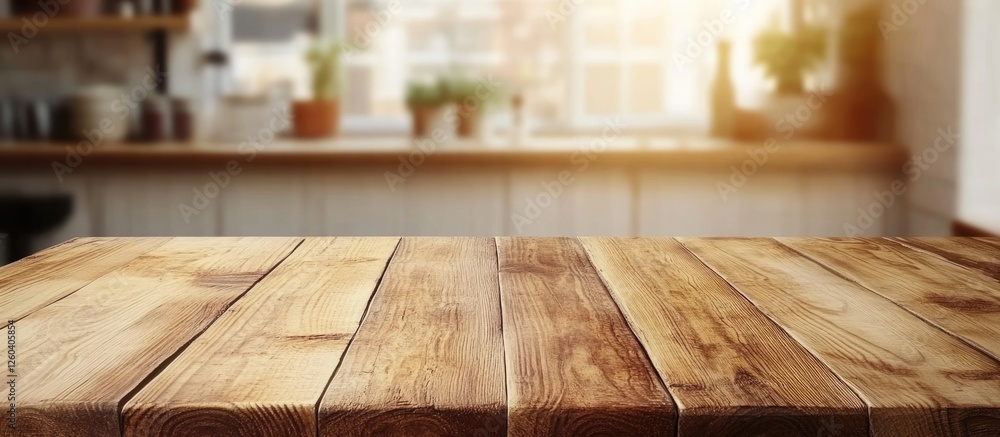 Poster wooden table in a restaurant with a blurred background and ample empty space for promotional text or