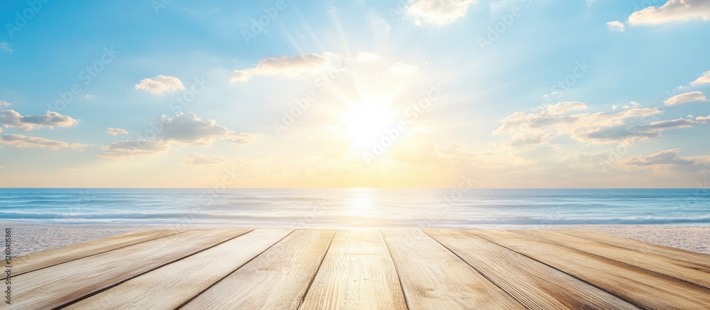 Poster wooden table against a blurred beach backdrop with sunbeams and clear blue sky creating an inviting 