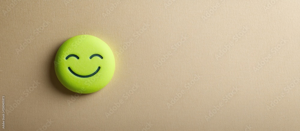 Poster top view of a smiling green emoji on a textured beige paper background with ample space for text or 