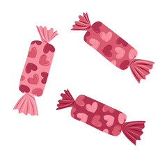 Chocolate candies in red foil with hearts as a concept of happy Valentines day celebration. Hand drawn vector illustration in flat style. Wrapped lovely sweeties, confectionery, cafe, gift