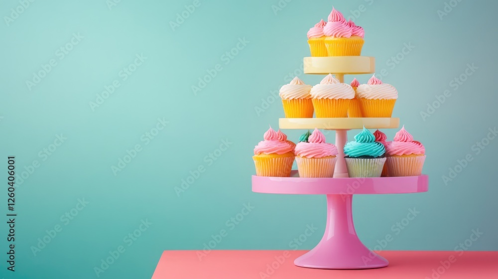 Poster vibrant tiered cupcake stand featuring colorful frosting and toppers with blank space for text integ