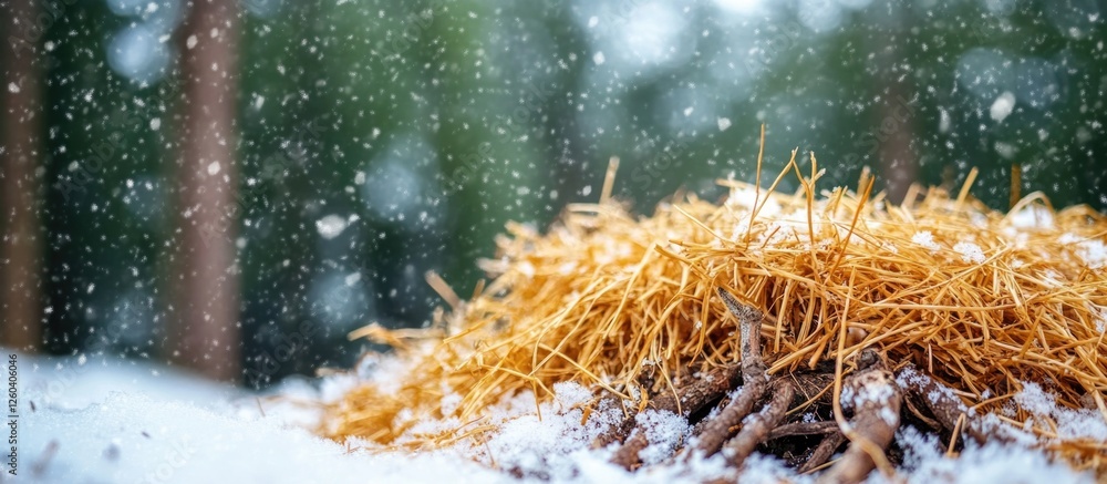 Poster korean fir roots covered with hay for winter insulation in a snowy forest setting with soft falling 