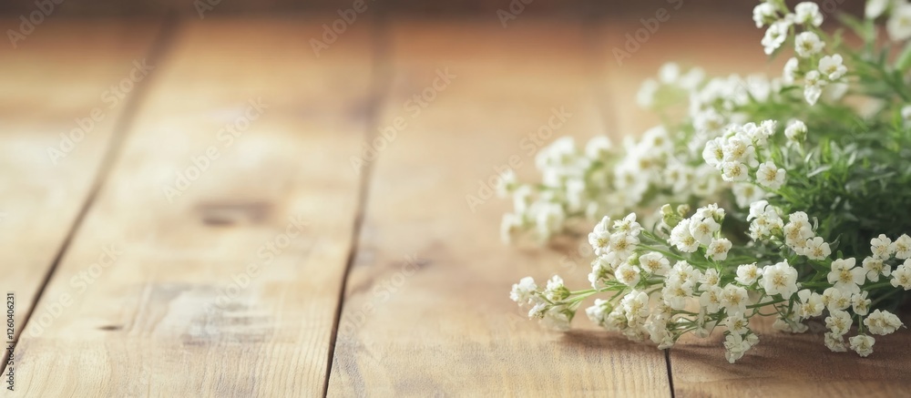 Poster vertical picture frame on rustic wooden table with delicate white flowers and empty space for person