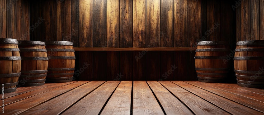Poster wooden barrels arranged in a rustic distillery cellar showcasing a warm, inviting atmosphere with am