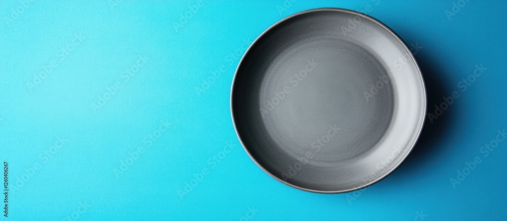 Poster top view of a minimalist gray plate on a vibrant blue background with ample negative space for text 