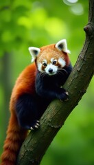 Fototapeta premium Fluffy red panda perched on a thick tree branch, lush green foliage , tree branch, forest, asia