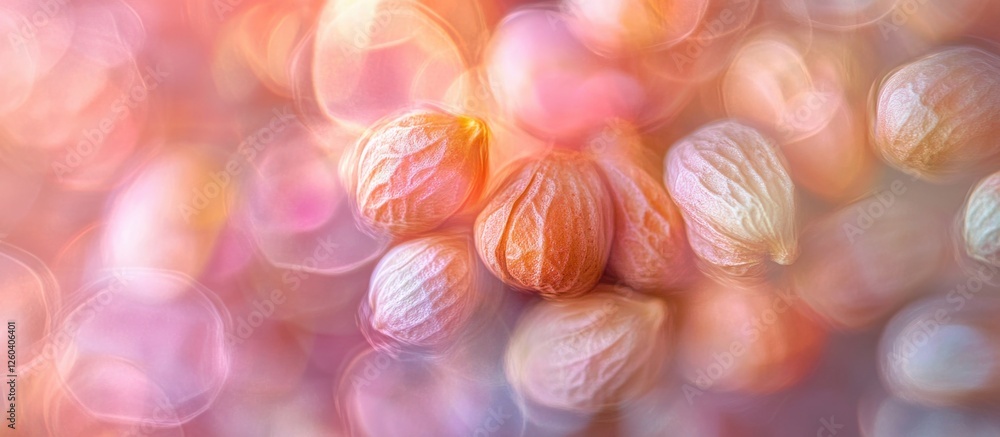 Poster raw peanuts with skin blurred to create an abstract textured background emphasizing peanuts and thei