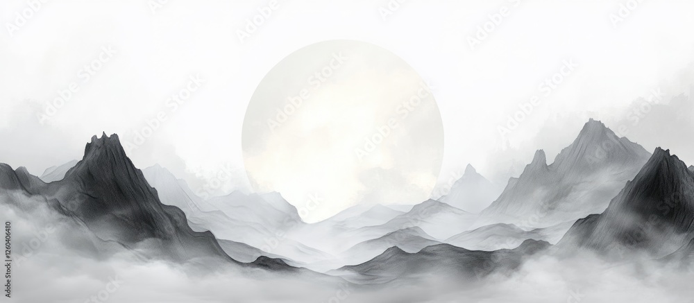 Aufkleber serene vector landscape featuring foggy mountains and expansive blank space for customizable text or