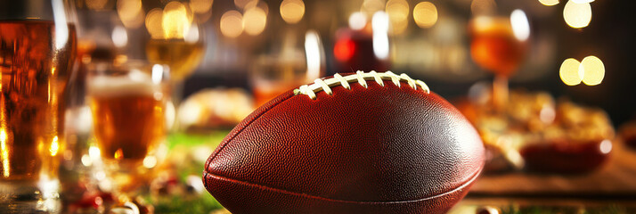 American football on a table with food and drink set up for a party, with a blurred background