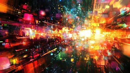 Vibrant abstract digital art featuring colorful geometric shapes and dynamic lighting effects with ample space for text insertion