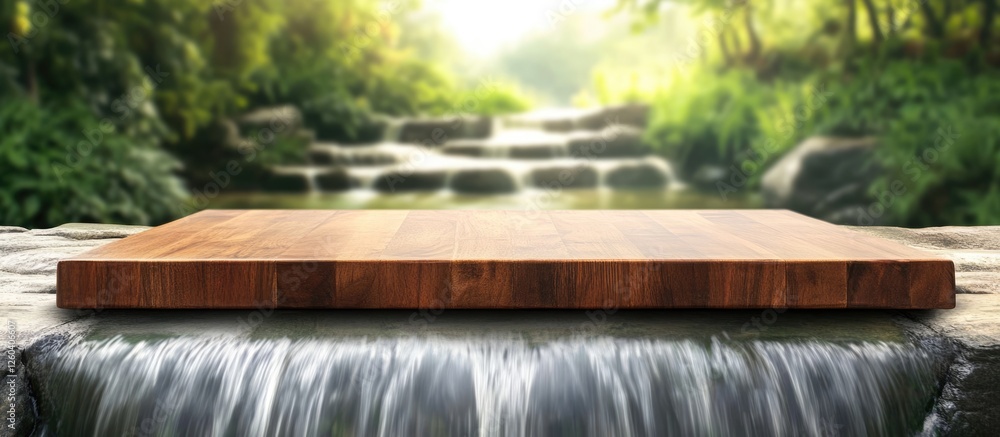 Aufkleber wooden tabletop over a blurred waterfall with lush greenery offering a serene backdrop and ample emp