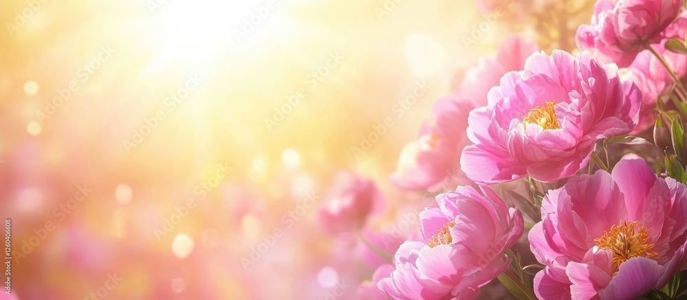 Aufkleber vibrant pink peonies bathed in sunlight with soft bokeh and expansive empty space for text or graphi