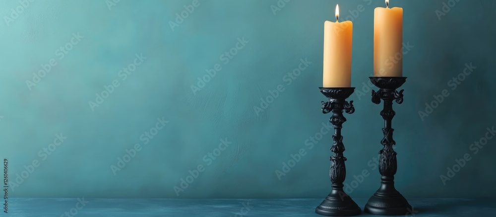 Poster elegant candle holders with lit candles on a textured background leaving space for text or branding 