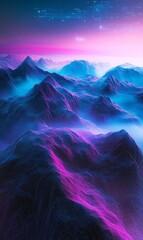 Digital mountain range rendered in vibrant neon, evoking a surreal atmosphere of wonder
