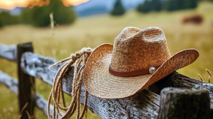 Cowboy straw hat on a rustic fence, overlooking a scenic ranch landscape. A symbol of the American West.