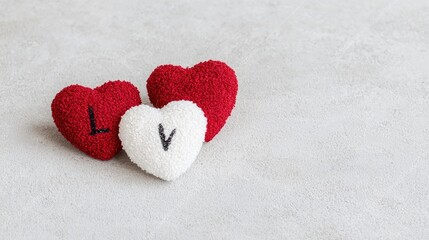 Fototapeta premium Three hearts, love, textured, light gray background, Valentine's Day, romantic, decor, gift