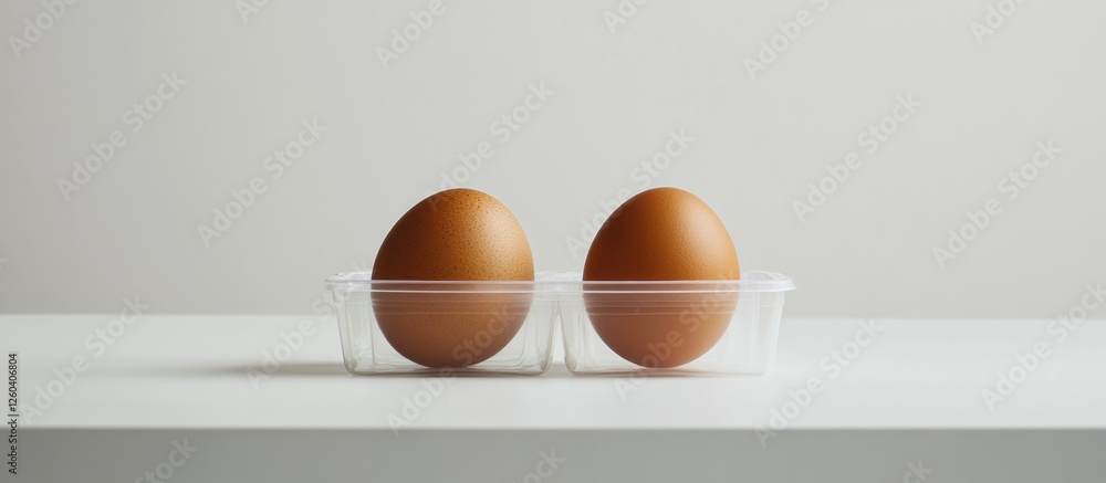 Poster brown eggs in clear plastic container on neutral background with ample copy space for text or design