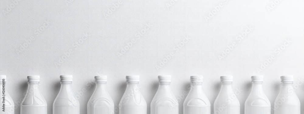 Poster white plastic bottles aligned on a white background creating an empty space suitable for text or bra