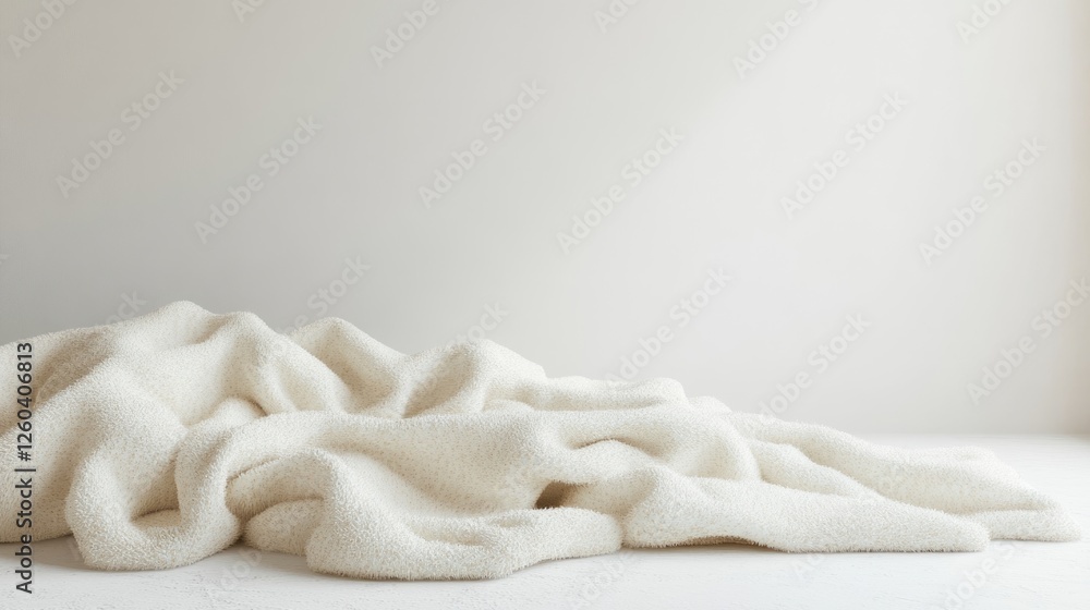 Poster cozy white blanket on a minimalist bed creating a serene atmosphere with ample copy space for restfu