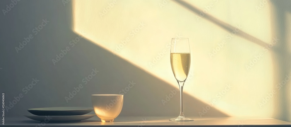 Poster champagne glass and decorative bowl on elegantly arranged table with soft lighting and empty space f