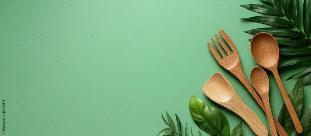 Poster wooden utensils and green leaves with close-up views and blank space for text in a fresh culinary se