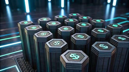 Digital Currency Tokens with Dollar Sign Symbol in Futuristic Lighting Environment