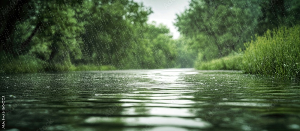 Poster tranquil canal view with raindrops creating ripples on the water surface surrounded by lush greenery