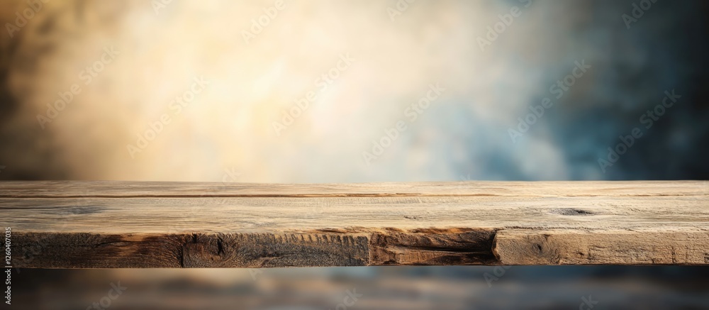 Poster wooden table top with soft focus background featuring abstract beach scene and ample space for text 