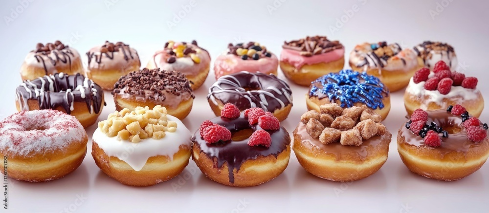 Poster assorted colorful doughnuts with various toppings and icing on a neutral background perfect for adve