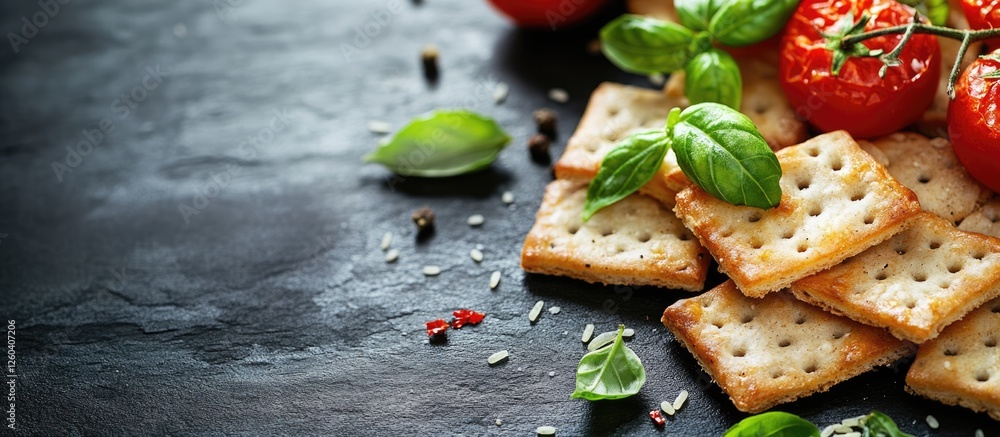 Poster crispy rice crackers with fresh basil tomatoes and cheese on dark stone background featuring empty s