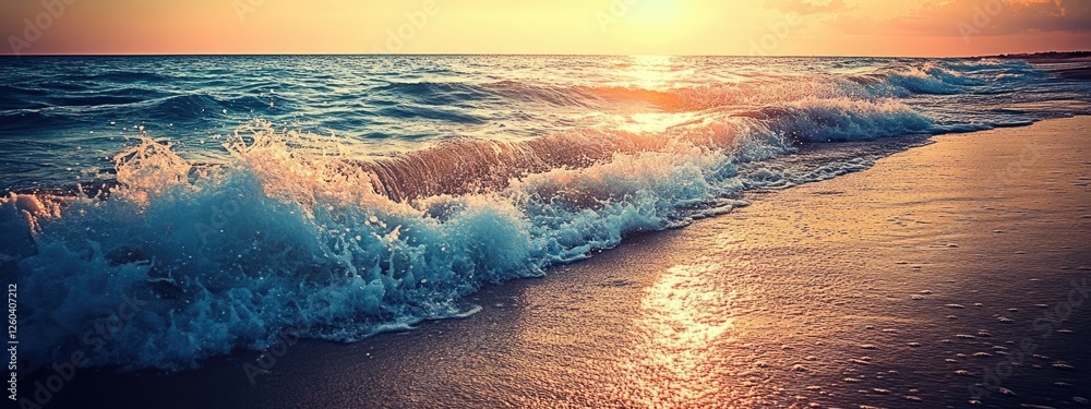 Poster serene beach sunset with waves crashing on shore and expansive empty space for text ideal for travel