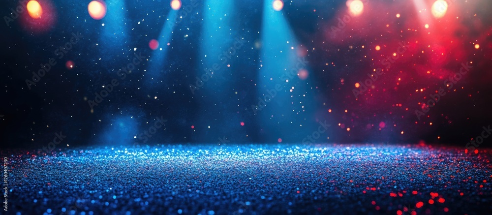 Poster tinsel effect stage backdrop with dynamic lighting and empty space for text or announcements in a vi