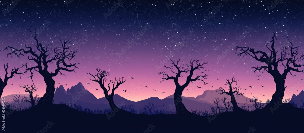 Poster twilight horizon with silhouetted trees and mountains under a starry sky ideal for adding custom tex