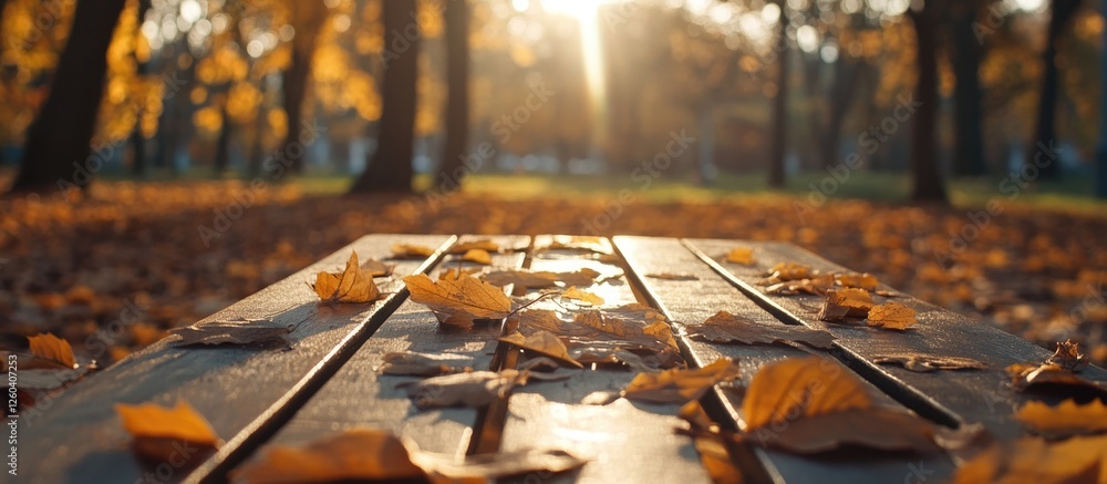 Aufkleber wooden table in sunlit park surrounded by autumn leaves and bokeh lights creating a serene nature ba